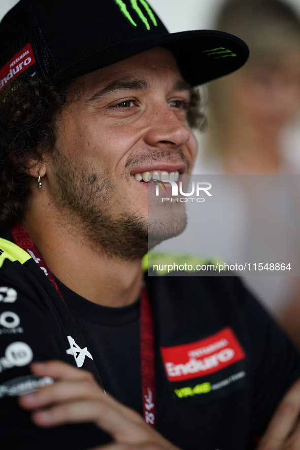 Marco Bezzecchi of Italy and the Pertamina Enduro VR46 Racing Team look on during the presentation press conference of the MotoGP of San Mar...