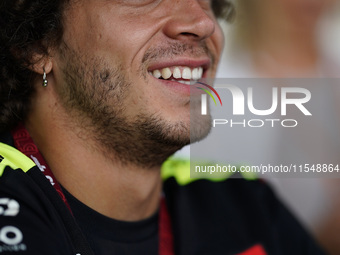 Marco Bezzecchi of Italy and the Pertamina Enduro VR46 Racing Team look on during the presentation press conference of the MotoGP of San Mar...