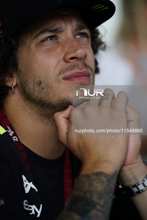 Marco Bezzecchi of Italy and the Pertamina Enduro VR46 Racing Team look on during the presentation press conference of the MotoGP of San Mar...