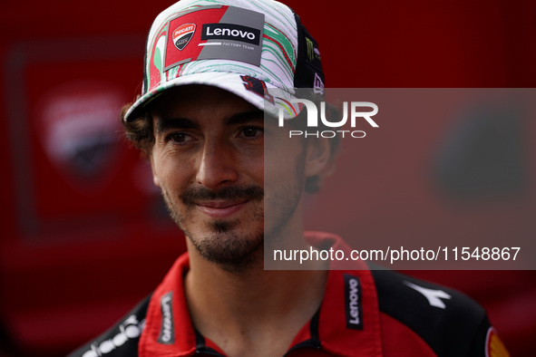 Francesco Bagnaia of Italy and Ducati Lenovo Team participates in a presentation press conference for the MotoGP of San Marino at Misano Wor...