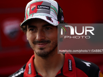 Francesco Bagnaia of Italy and Ducati Lenovo Team participates in a presentation press conference for the MotoGP of San Marino at Misano Wor...