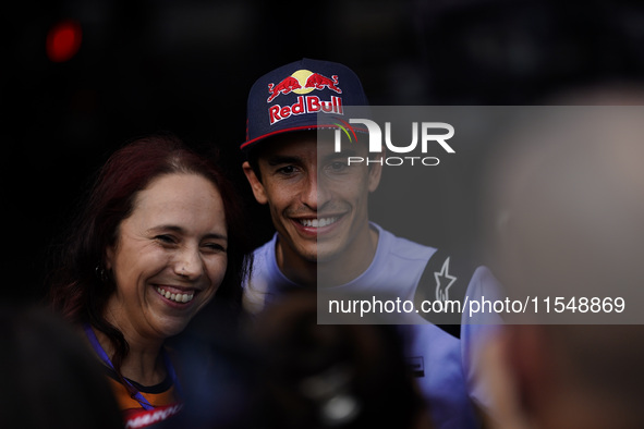 Marc Marquez of Spain and Gresini Racing MotoGP poses with fans during the preview of the MotoGP of San Marino at Misano World Circuit in Mi...