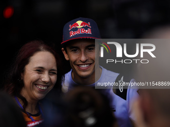 Marc Marquez of Spain and Gresini Racing MotoGP poses with fans during the preview of the MotoGP of San Marino at Misano World Circuit in Mi...