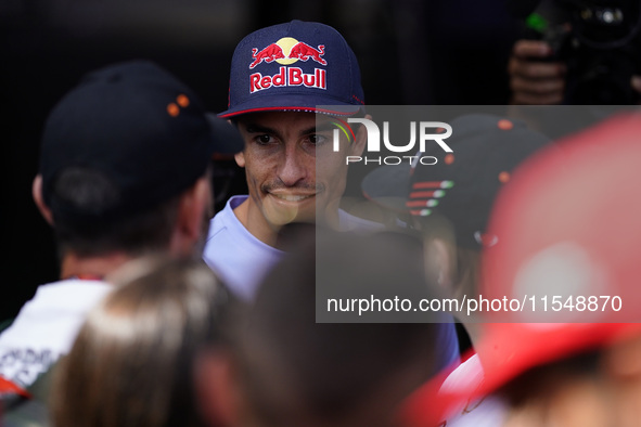 Marc Marquez of Spain and Gresini Racing MotoGP poses with fans during the preview of the MotoGP of San Marino at Misano World Circuit in Mi...