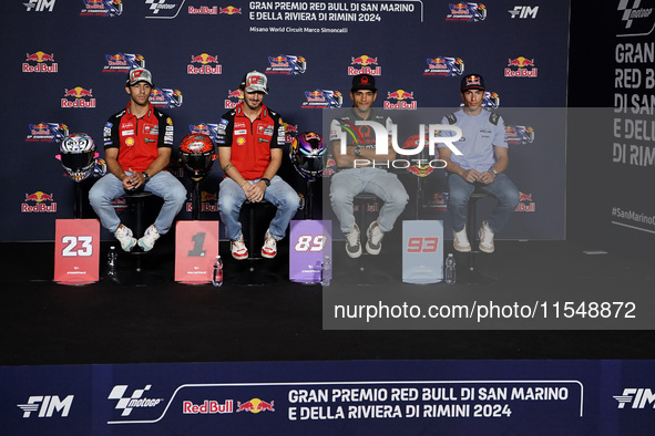 Enea Bastianini of Italy and Ducati Lenovo Team (L), Francesco Bagnaia of Italy and Ducati Lenovo Team (LC), Jorge Martin of Spain and Prima...