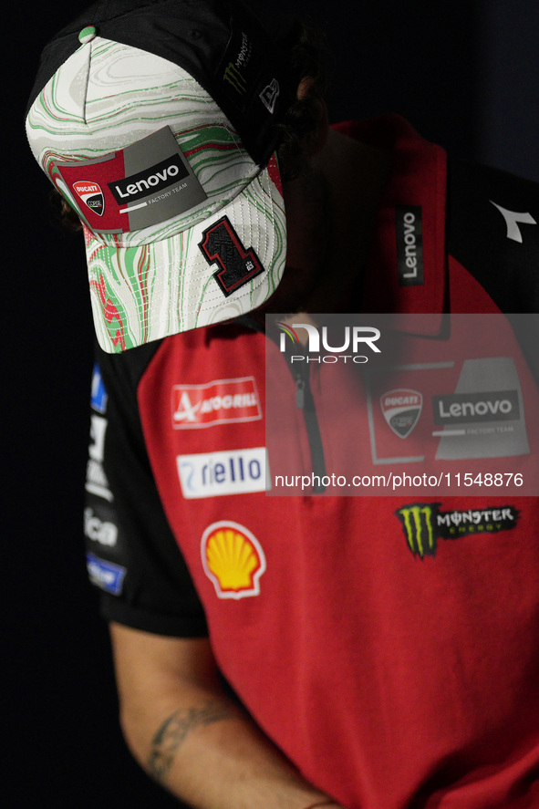 Francesco Bagnaia of Italy and Ducati Lenovo Team participates in a presentation press conference for the MotoGP of San Marino at Misano Wor...