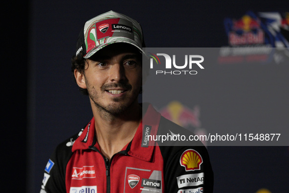 Francesco Bagnaia of Italy and Ducati Lenovo Team participates in a presentation press conference for the MotoGP of San Marino at Misano Wor...