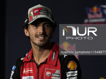 Francesco Bagnaia of Italy and Ducati Lenovo Team participates in a presentation press conference for the MotoGP of San Marino at Misano Wor...