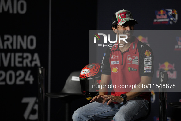 Francesco Bagnaia of Italy and Ducati Lenovo Team participates in a presentation press conference for the MotoGP of San Marino at Misano Wor...