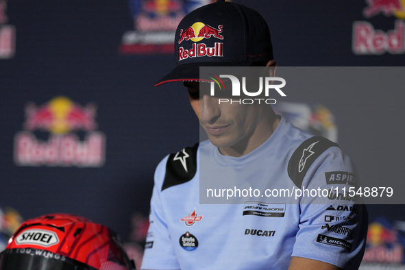 Marc Marquez of Spain and Gresini Racing MotoGP participates in a presentation press conference for the MotoGP of San Marino at Misano World...