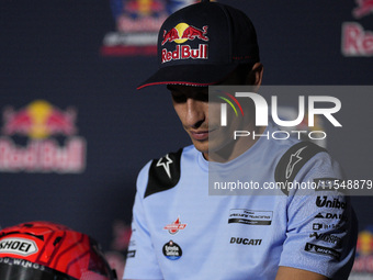 Marc Marquez of Spain and Gresini Racing MotoGP participates in a presentation press conference for the MotoGP of San Marino at Misano World...