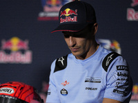 Marc Marquez of Spain and Gresini Racing MotoGP participates in a presentation press conference for the MotoGP of San Marino at Misano World...