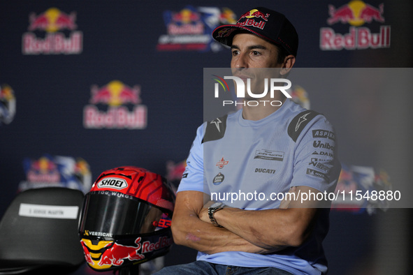 Marc Marquez of Spain and Gresini Racing MotoGP participates in a presentation press conference for the MotoGP of San Marino at Misano World...