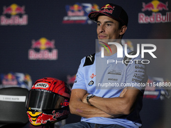 Marc Marquez of Spain and Gresini Racing MotoGP participates in a presentation press conference for the MotoGP of San Marino at Misano World...