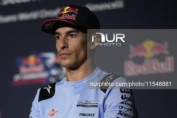 Marc Marquez of Spain and Gresini Racing MotoGP participates in a presentation press conference for the MotoGP of San Marino at Misano World...