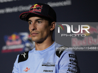 Marc Marquez of Spain and Gresini Racing MotoGP participates in a presentation press conference for the MotoGP of San Marino at Misano World...