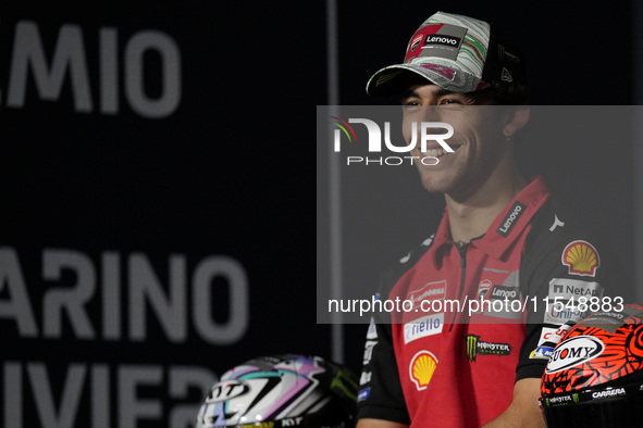 Enea Bastianini of Italy and Ducati Lenovo Team participates in the presentation press conference of the MotoGP of San Marino at Misano Worl...