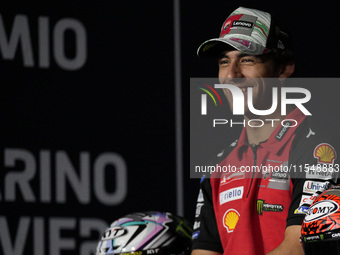 Enea Bastianini of Italy and Ducati Lenovo Team participates in the presentation press conference of the MotoGP of San Marino at Misano Worl...