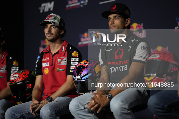 Francesco Bagnaia of Italy and Ducati Lenovo Team participates in a presentation press conference for the MotoGP of San Marino at Misano Wor...