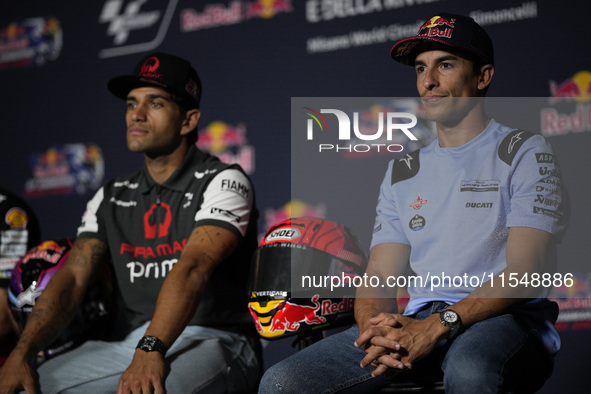 Marc Marquez of Spain and Gresini Racing MotoGP participates in a presentation press conference for the MotoGP of San Marino at Misano World...