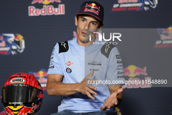 Marc Marquez of Spain and Gresini Racing MotoGP participates in a presentation press conference for the MotoGP of San Marino at Misano World...