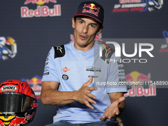 Marc Marquez of Spain and Gresini Racing MotoGP participates in a presentation press conference for the MotoGP of San Marino at Misano World...