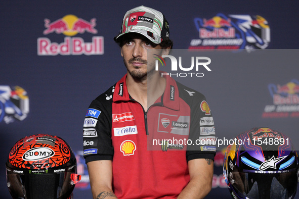 Francesco Bagnaia of Italy and Ducati Lenovo Team participates in a presentation press conference for the MotoGP of San Marino at Misano Wor...