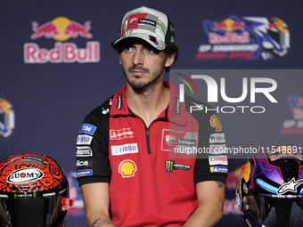 Francesco Bagnaia of Italy and Ducati Lenovo Team participates in a presentation press conference for the MotoGP of San Marino at Misano Wor...