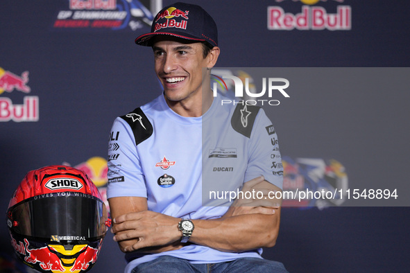 Marc Marquez of Spain and Gresini Racing MotoGP participates in a presentation press conference for the MotoGP of San Marino at Misano World...