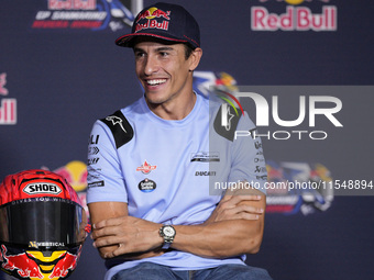 Marc Marquez of Spain and Gresini Racing MotoGP participates in a presentation press conference for the MotoGP of San Marino at Misano World...