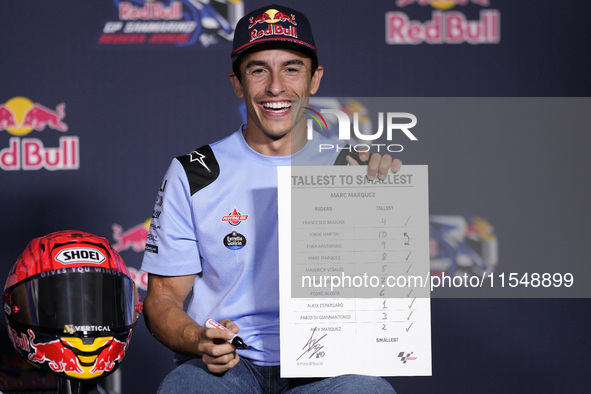 Marc Marquez of Spain and Gresini Racing MotoGP participates in a presentation press conference for the MotoGP of San Marino at Misano World...