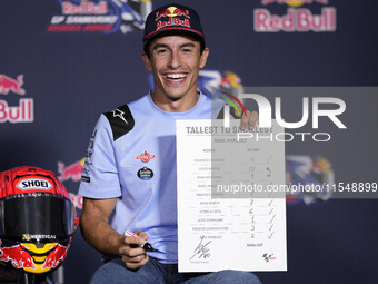 Marc Marquez of Spain and Gresini Racing MotoGP participates in a presentation press conference for the MotoGP of San Marino at Misano World...