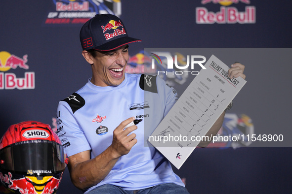 Marc Marquez of Spain and Gresini Racing MotoGP participates in a presentation press conference for the MotoGP of San Marino at Misano World...