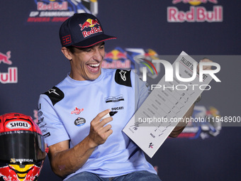 Marc Marquez of Spain and Gresini Racing MotoGP participates in a presentation press conference for the MotoGP of San Marino at Misano World...