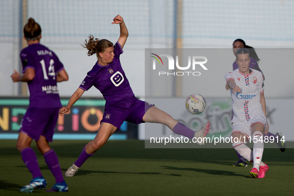 Milica Saric (R) of Crvena Zvezda is in action during the UEFA Women's Champions League First qualifying round, Semi-finals CP-Group 4 socce...