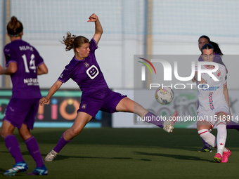 Milica Saric (R) of Crvena Zvezda is in action during the UEFA Women's Champions League First qualifying round, Semi-finals CP-Group 4 socce...