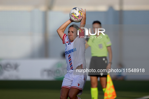 Tijana Djordevic, captain of Crvena Zvezda, is in action during the UEFA Women's Champions League First qualifying round, Semi-finals CP-Gro...