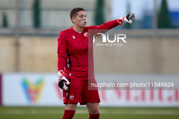 Roksana Shahanska, goalkeeper of Crvena Zvezda, gestures during the UEFA Women's Champions League First qualifying round, Semi-finals CP-Gro...