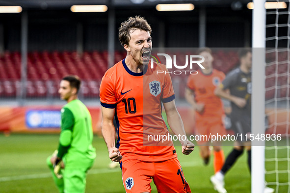 Netherlands player Youri Regeer celebrates the 1-0 goal during the match between the Netherlands and North Macedonia at the Yanmar Stadium f...