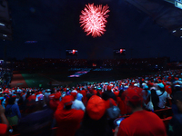 Diablos Rojos fans observe the fireworks before match 1 against Sultanes de Monterrey of the Mexican Baseball League (LMB) Serie del Rey at...