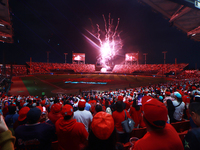 Diablos Rojos fans observe the fireworks before match 1 against Sultanes de Monterrey of the Mexican Baseball League (LMB) Serie del Rey at...