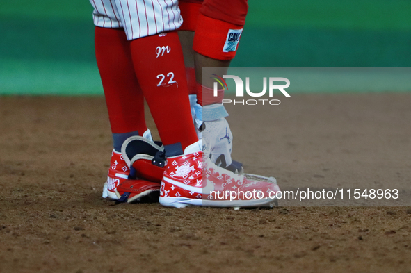 Robinson Cano's spikes are seen during match 1 against Sultanes de Monterrey of the Mexican Baseball League (LMB) Serie del Rey at the Alfre...