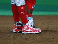 Robinson Cano's spikes are seen during match 1 against Sultanes de Monterrey of the Mexican Baseball League (LMB) Serie del Rey at the Alfre...