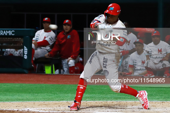 Robinson Cano #22 of Diablos Rojos is at bat during match 1 against Sultanes de Monterrey of the Mexican Baseball League (LMB) Serie del Rey...