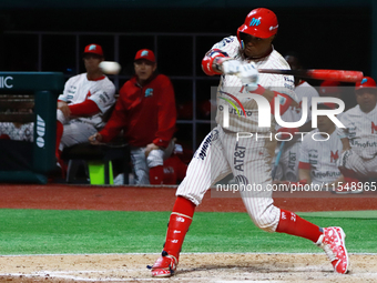 Robinson Cano #22 of Diablos Rojos is at bat during match 1 against Sultanes de Monterrey of the Mexican Baseball League (LMB) Serie del Rey...