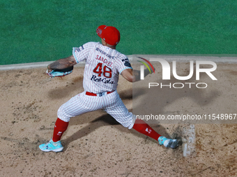 Jake Sanchez #48 of Diablos Rojos pitches the ball during match 1 against Sultanes de Monterrey of the Mexican Baseball League (LMB) Serie d...