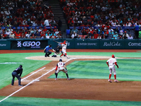 Juan Carlos Gamboa #47 of Diablos Rojos hits the ball during match 1 against Sultanes de Monterrey of the Mexican Baseball League (LMB) Seri...