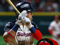 Christian Villanueva #14 of Sultanes de Monterrey bats during match 1 against Diablos Rojos of the Mexican Baseball League (LMB) Serie del R...