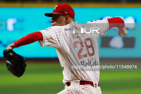 Jose Luis Bravo #28 of Diablos Rojos pitches the ball during match 1 against Sultanes de Monterrey of the Mexican Baseball League (LMB) Seri...