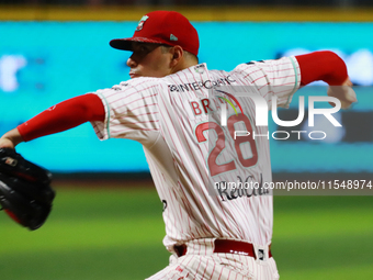 Jose Luis Bravo #28 of Diablos Rojos pitches the ball during match 1 against Sultanes de Monterrey of the Mexican Baseball League (LMB) Seri...